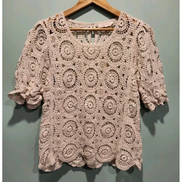 Solitaire Tops - Solitaire Beige Open Knit Short Puff Sleeve Cottagecore Top Sz M
